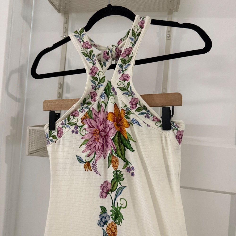 FARM Rio Delicadeza Halter Midi Dress Floral Fruit Off White Ribbed Boho Resort - Picture 2 of 8